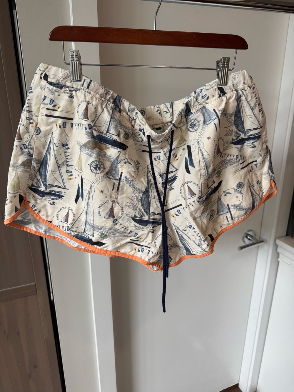 Nautical Sailboat Print Athletic Shorts with Orange Trim